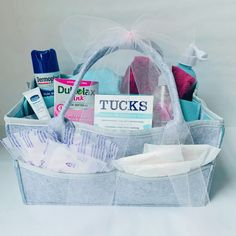 a bag filled with personal care items on top of a table