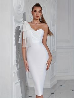 kkboxly Solid One Shoulder Split Dress, Elegant Bow Decor Bodycon Dres – Kkboxly™ White Sheath Bodycon Party Dress, Summer Bodycon Sheath Dress For Banquets, White Knee-length Bandage Dress For Party, Midi Length Bodycon Dress For Banquet, White One Shoulder Bodycon Party Dress, White One-shoulder Bodycon Party Dress, White Sheath Evening Dress For Party, Fitted Midi Length Bodycon Dress For Banquet, One Shoulder Bodycon Dress For Dinner