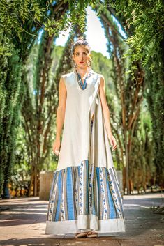 Beige Linen Maxi Dress with High Slit - Sun Protective Sleeveless Long Open Boho Sundress w/ Traditional Portuguese "Chitas de Alcobaça" Long Blue Maxi Dress, Long Floral Maxi Dress, Boho Sundress, Sun Protective Clothing, Traditional Clothes, Printed Cotton Dress