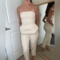 Express Jumpsuit - Perfect For Engagement Photos Or Bridal Wear Size: 2 (Fits Like A Small) Condition: Brand New With Tags/Clean Condition/Perfect Condition No Holes/No Stains/No Pilling/No Fade Smoke Free Home All Orders Ship 1-3 Business Days! High Waist Fitted Strapless Jumpsuit For Work, Fitted Strapless Jumpsuit For Spring Formal, Fitted Strapless Jumpsuit For Spring Formal Events, Spring Formal Fitted Strapless Jumpsuit, White High Waist Fitted Strapless Jumpsuit, Fitted Strapless Pantsuit For Formal Occasions, White Fitted Strapless Jumpsuit For Date Night, Fitted Strapless Formal Pantsuit, Elegant Fitted Strapless Pantsuit