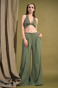 Shop for Nikita Mhaisalkar Green Luxe Suiting Embellished Crop Top And Pant Set for Women Online at Aza Fashions Gold Crop Top, Crop Top And Pants Set, Crop Top Pants Set, Green Halter Top, Crop Top And Pants, Metallic Crop Top, Embellished Crop Top, Coord Set, Gold Embellishment