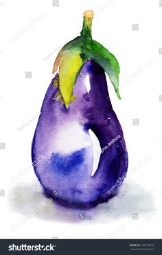 a watercolor painting of a purple eggplant with a green leaf on it