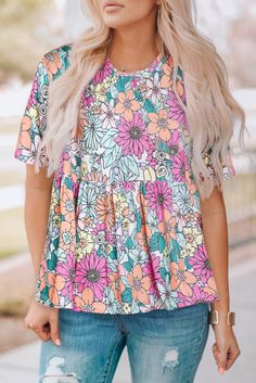 Multicolor Bohemian Flower Print Flowy Short Sleeve Top Casual Colorful Floral Print Tops, Casual Multicolor Mixed Print Tops, Flowy Multicolor Cotton Tops, Colorful Floral Print Tops For Spring, Green Tops With Colorful Pattern For Spring, Green Top With Colorful Pattern For Spring, Casual Pink Tops With Floral Patchwork, Flowy Multicolor Floral Print Blouse, Spring Green Tops With Colorful Pattern