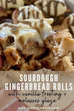 a person holding a piece of bread with cheese on it and the words sourdough gingerbread rolls