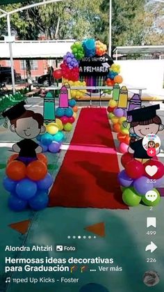 an animated image of people on a red carpet with balloons in the shape of children's faces