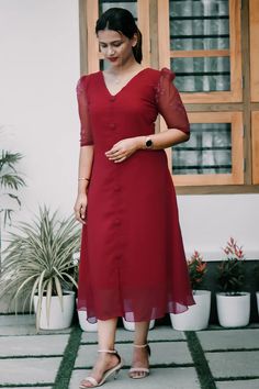 Red Colour Frock for Ladies - Cosmo Frock Dress Design For Women, Red Color Dress Design, Kurtha Designs From Saree, Two Colour Frock Design, Frock Women Fashion Outfits, Red Color Frocks For Women, Red Kurthi Models, Red Colour Kurti Design, Dresses For Attending A Wedding