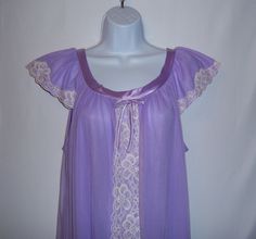 "Vintage Erica-Loren lavender lace trimmed nylon nightgown.  Excellent pre-owned condition.  No holes, stains, snags, rips, tears, etc.  Appears to have never been worn.  Women's size MEDIUM or M. 100% nylon.  Measurements:  bust-50\", length-57\", waist-48\"." Purple Pajamas, Women's Nightgowns, Vintage Purple, Nightgowns, Dream Clothes, Anime Demon, Night Gown, Lace Trim, Cold Shoulder Dress