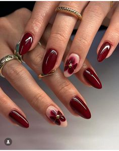 Winter Blooming Gel Nails, Cherry Burgundy Nails, Red French Cherry Nails, Burgundy French Tip Square, Burgundy Blooming Gel Nails, Winter Nails Elegant, Christmas Burgundy Nails, Christmas Nails Chic, Dark Red Gold Nails