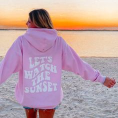 For "Product Info" On Hoodie/Crewnecks it needs to read:- 8 oz., 50% USA cotton, 50% polyester- Pill-resistant air jet yarn- Unisex Sizing- Will not shrink when washed/dried- Runs true to size, Size up for oversized look Lets Watch The Sunset Sweatshirt, Hoodie Wishlist, Sorority Hoodies, Sunset Hoodie, Summer Hoodies, Hoodie Outfits, State Design, Watch The Sunset, Clothes Trendy