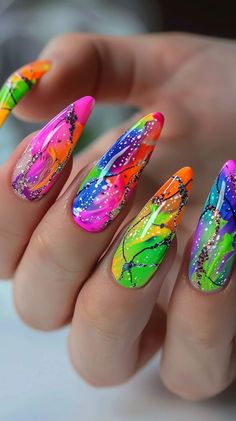 23 Neon Nail Designs To Elevate Your Manicure Game White Nails With Butterflies, Long Round Nails, Nails With Butterflies, Neon Nail Art, Rainbow Nails Design, Blue And White Nails, Neon Nail Designs, Blue Nail Designs