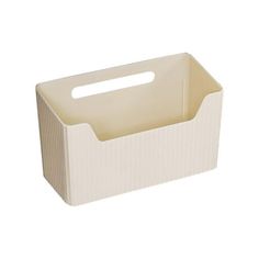 a white box with a handle on the front and bottom, sitting against a white background