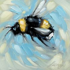 a painting of a bee on a blue and white background