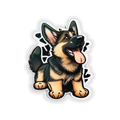 a german shepherd dog sticker sitting on top of a white surface with its tongue out