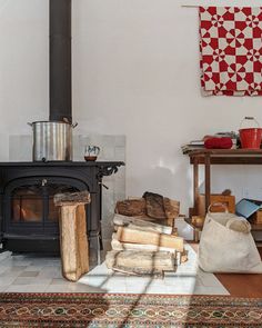 a living room with a fire place and rugs on the floor