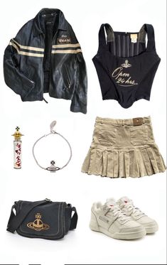 Collage Girl Outfits, Kpop Outfits Png, Corset Top Mini Skirt, Fashion Magazine Aesthetic, Butterfly Doors, Magazine Aesthetic, Skirt Sneakers, Collage Girl, Leather Jacket Fashion