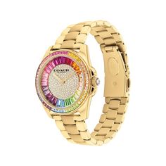 This rainbow Greyson watch from COACH is a polished, go-everywhere timepiece—all wrapped up in vivid and sparkling color. 36mm gold-tone stainless steel case with bright multi-color crystal bezel and crystal crown White pavé crystal face with baguette-cut rainbow crystal frame and mineral crystal Gold-tone bracelet with push-button deployment closure Water-resistant to 99 feet Crystal Frame, Crystal Crown, Rainbow Crystal, Baguette Cut, Women's Watch, Minerals Crystals, Color Crystal, Push Button, Stainless Steel Case