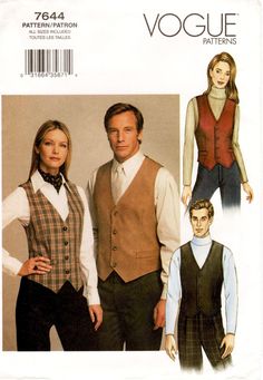 two men and a woman wearing vests, sweaters and pants in one pattern