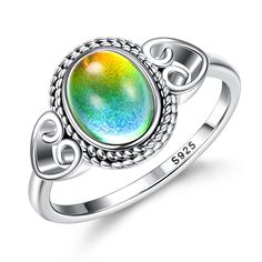 PRICES MAY VARY. ✿925 Sterling Silver Mood Rings✿The mood ring for women is made of 925 sterling silver,18K white gold plated,which is nickel and lead free,hypoallergenic,not turn your skin green. Which is a fantastic alternative to gold, as it is affordable and still look elegant. Well-polished, curved and highly polished interior, make the mood ring absolutely comfortable to wear,size 4-10 ✿Mood Ring✿7*9MM mood stones are inlaid on high-polished long lasting 925 sterling silver mood ring. The Iridescent Sterling Silver Rings For Gifts, Gift Opal Ring Stamped 925, Iridescent Oval Crystal Ring As Gift, Iridescent Oval Crystal Ring For Gift, Iridescent Oval Crystal Ring Gift, Iridescent Birthstone Rings For Gift, Rainbow Open Ring Jewelry As A Gift, Oval Cabochon Crystal Ring For Gift, Gift Crystal Ring With Oval Cabochon