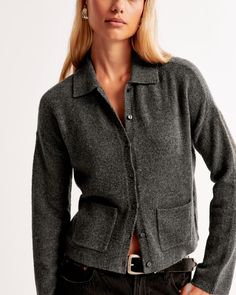 Versatile cardigan in our soft sweater yarn fabric and body-skimming silhouette, featuring a trend-forward collar, button-through detail, front pockets and ribbed cuffs. Pairs effortlessly with your favorite pair of jeans! Collared Cardigan, Women's Workwear Fashion, Active Swimwear, Oversized Sweaters, Casual Work Outfit, Fall Outfits For Work, Collar Cardigan, Winter Outfits For Work, Soft Sweater