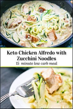 pan and plate with keto chicken alfredo and text Chicken Alfredo With Zucchini Noodles, Zucchini Chicken Alfredo Pasta, Keto Shrimp Alfredo Zucchini Noodles, Chicken Alfredo Zoodles, Zucchini Alfredo Pasta, Easy Zucchini Noodle Recipes, Chicken Alfredo Dinner, Keto Zucchini Noodles