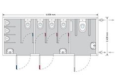 a drawing of a bathroom with two toilets and three urinals