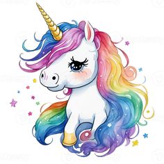 a colorful unicorn with long manes and stars on it's head, sitting in front of a white background