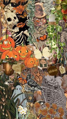 a collage of halloween images with pumpkins and other things in the background,