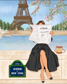 a woman reading a newspaper in front of the eiffel tower