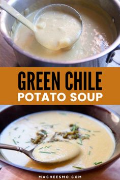 green chile potato soup in a pot with spoon