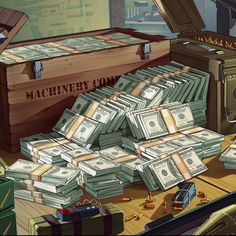 a bunch of money sitting on top of a wooden table next to an open briefcase