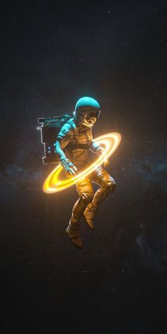 an astronaut floating in the air with his arms out and glowing yellow circles around him