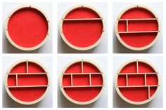 six shelves are arranged in the shape of circles with dividers on each side and bottom