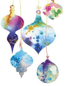 christmas ornaments hanging from strings with paint splattered on them