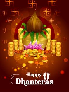 happy dhanteras with gold coins and flowers