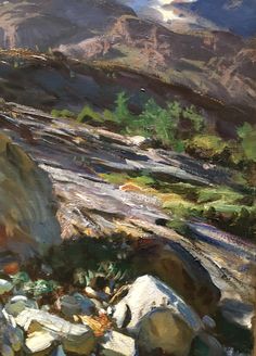 an oil painting of rocks and trees in the mountains