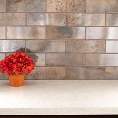 a vase filled with red flowers sitting on top of a counter next to a brick wall