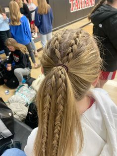 Ponytail With Tiny Braids, Dutch Braids Into High Ponytail, Dutch Braid To Ponytail, Volleyball Hairstyles High Ponytails, Dutch Braid High Ponytail, Two Braids In A Ponytail, Volleyball Hairstyles Slick Back, 2 Braids Into A Ponytail, Low Pony Cheer Hairstyles