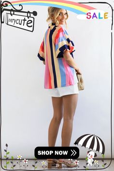 Multicolor Color Block Striped Puff Sleeve Buttoned Shirt Multicolor Color Block Tops For Spring, Multicolor Cotton Color Block Blouse, Multicolor Short Sleeve Color Block Tops, White Color Block Tops For Vacation, White Color Block Tops, Trendy Multicolor Color Block Blouse, Casual Multicolor Rainbow Print Shirt, Casual Multicolor Color Block Blouse, Multicolor Color Block Top For Summer