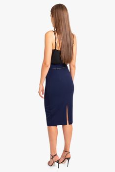 The classic pencil skirt made of our finely woven, stretch gabardine. Style features detailed yoke with a 3/8" genuine leather belt that sits at your natural waist. Skirt has center back invisible zipper, with hook and eye closure. Falls 29" from natural waist. Self: 62% Polyamide, 32% Viscose, 6% Elastane. Lining: 95% Polyester, 5% Elastane. Dry Clean Only. Made in USA of Imported Materials. 29 inches From Natural Waist Genuine Leather Belt Center Back Hidden Zipper Fully Lined Tailored Pencil 115 Pounds, Black Halo, Jackie O, Simple Shirts, Genuine Leather Belt, Invisible Zipper, Body Measurements, Hidden Zipper, Leather Belt