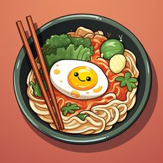 a bowl of noodles with an egg and chopsticks