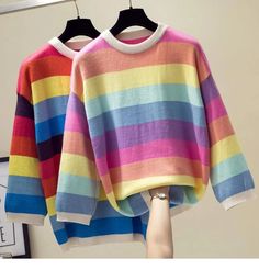 Loose Rainbow Striped Cashmere Sweater – Tomscloth Outfit Pieces, Loose Knit Sweater, Rainbow Outfit, Loose Knit Sweaters, Sweater Trends, Striped Turtleneck, Loose Knit, Loose Sweater, Rainbow Stripes