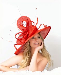 "Beautiful red off center brim hat. 20\" wide. Can be done in many color options and sizes. Please ask for the availability. All hats are made to order, so please, order in advance." Horse Race Hats, Royal Ascot Hats, Oversized Hat, Sinamay Hats, Couture Hats, Ascot Hats, Hat Fascinator, Women Hat, Fascinator Hat