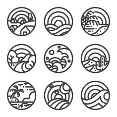 six different types of waves and mountains in the circle icons set on white background illustration