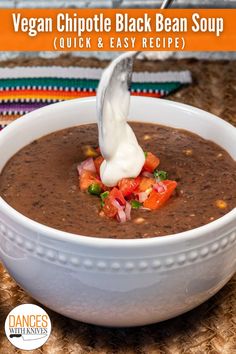 Bowl of vegan black bean soup. Vegan Black Bean Soup, Chipotle Black Beans, Vegan Chipotle, Black Bean Soup Recipe, Meal Ready To Eat, Vegan Black Bean, Vegan Lunch Recipes, Vegan Sour Cream