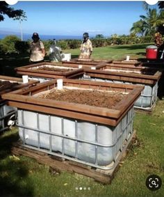 several people are working in the garden with some dirt on top of them and plants growing out of containers