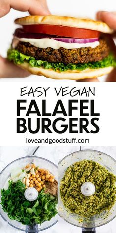 an easy vegan falafel burger with lettuce, tomatoes and other ingredients