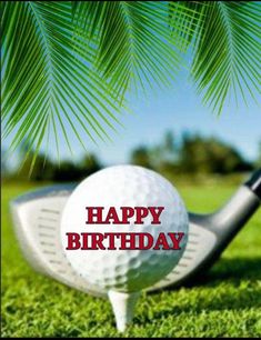 a happy birthday card with a golf ball and tee on the green grass in front of a palm tree