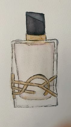 an ink and watercolor drawing of a bottle with a knot on the top, in front of a white wall