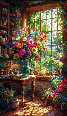 a painting of flowers in front of a window with sunlight coming through the windowsill