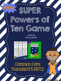 a poster with the words, super powers of ten game and an image of a boy standing